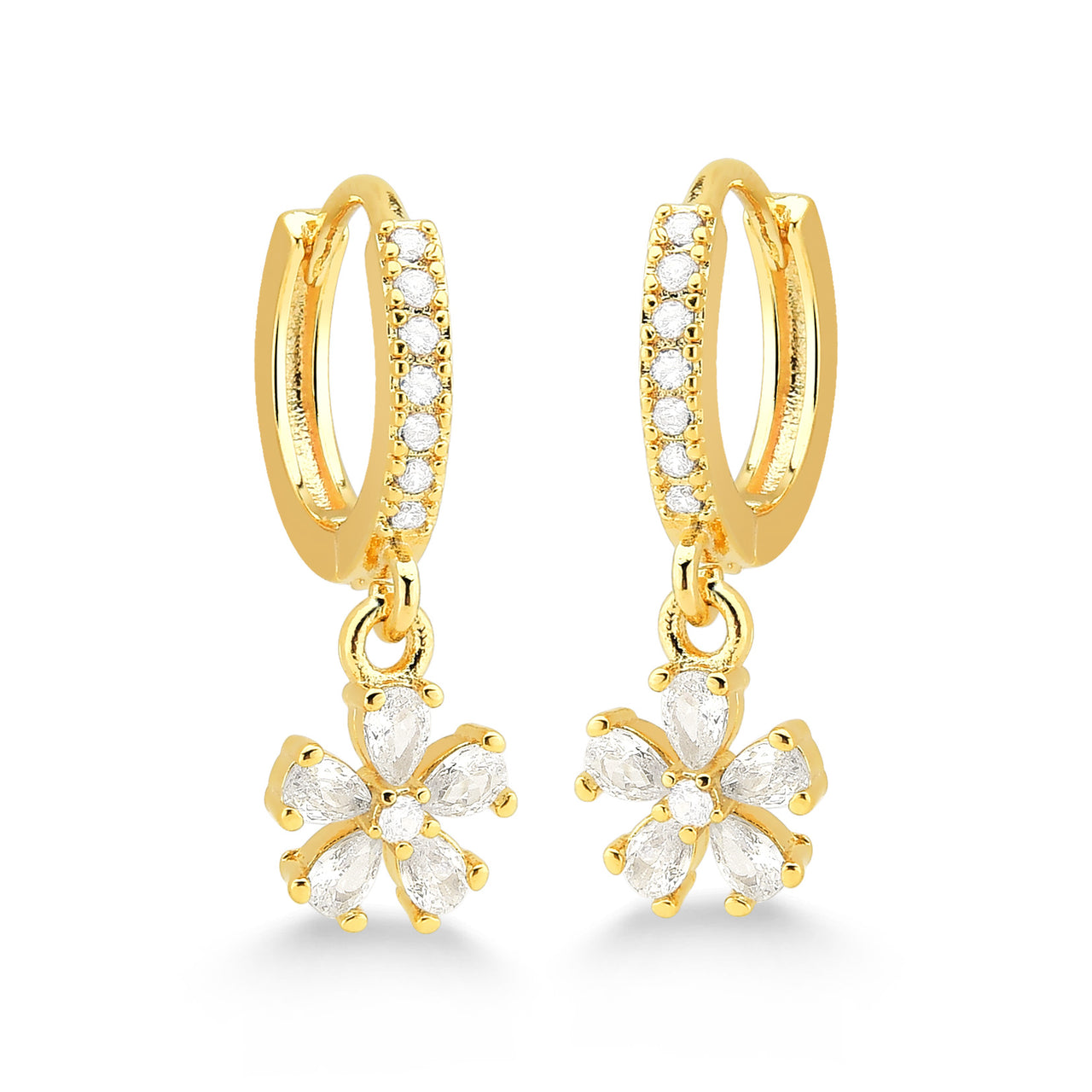 BRINCO ARGOLA COM FLOR CRAVEJADA FOLHEADO A OURO 18K