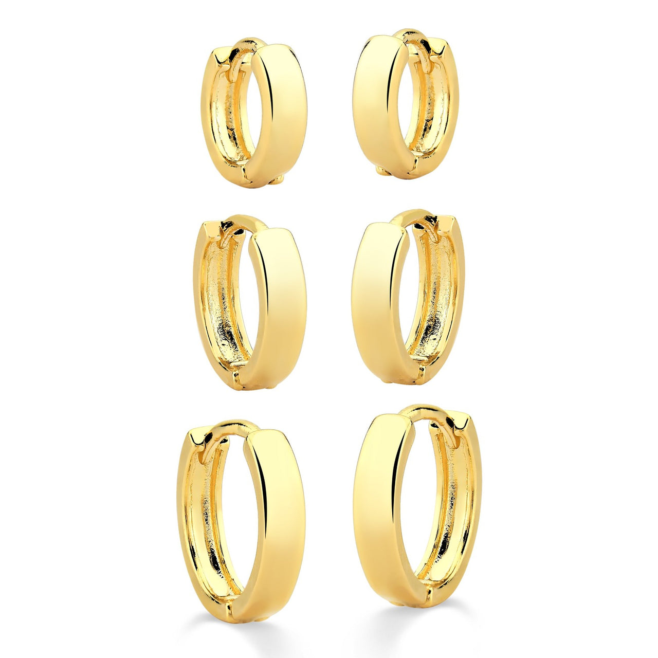 TRIO DE BRINCO DE ARGOLA LISA ARREDONDADA FOLHEADO A OURO 18K