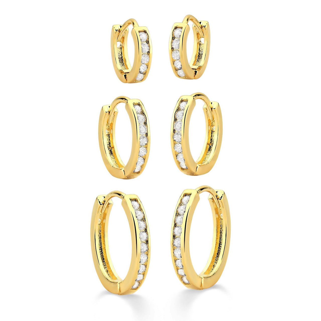 TRIO DE BRINCO DE ARGOLA COM ZIRCONIA FOLHEADO A OURO 18K