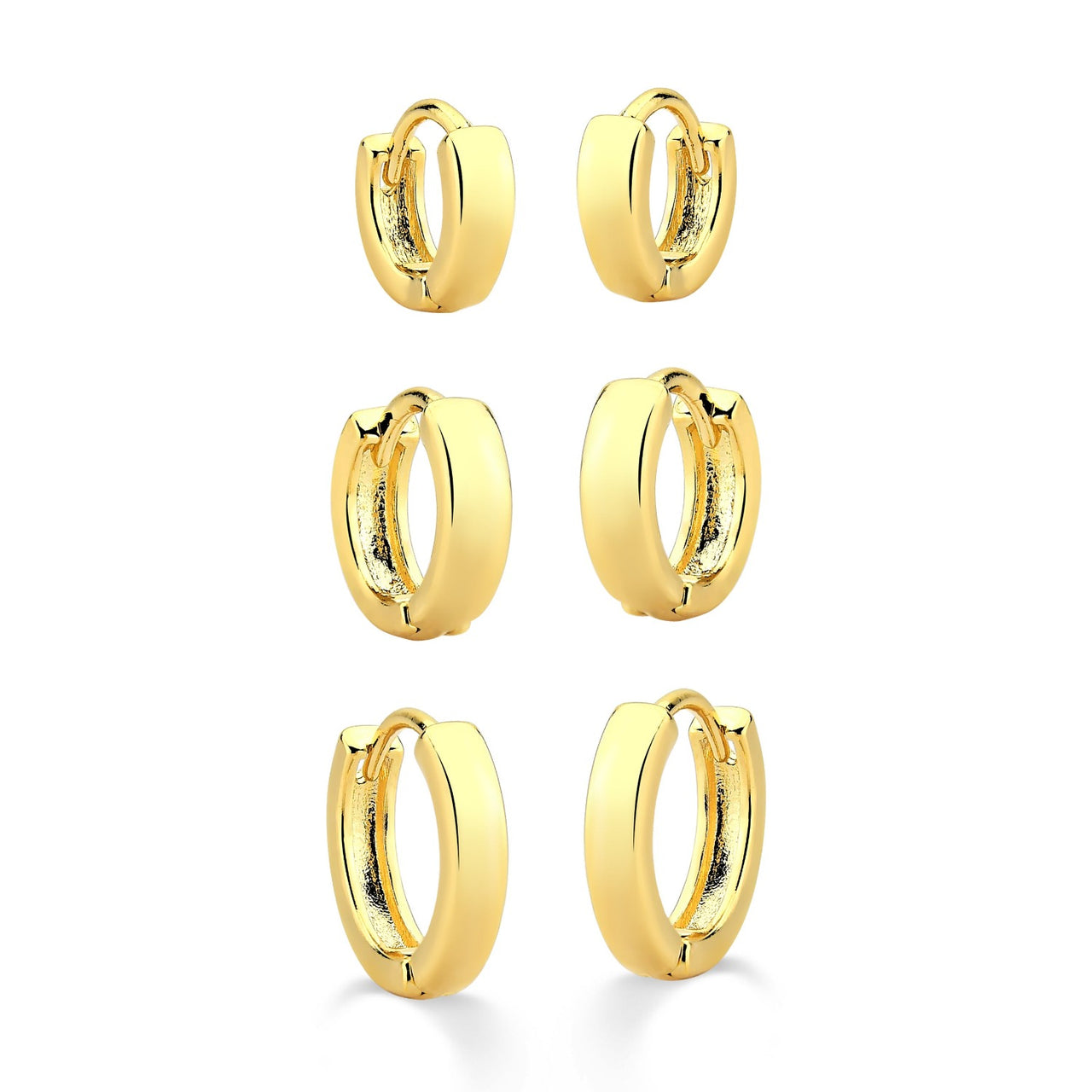 TRIO DE BRINCO DE ARGOLA LISA ACHATADA FOLHEADO A OURO 18K