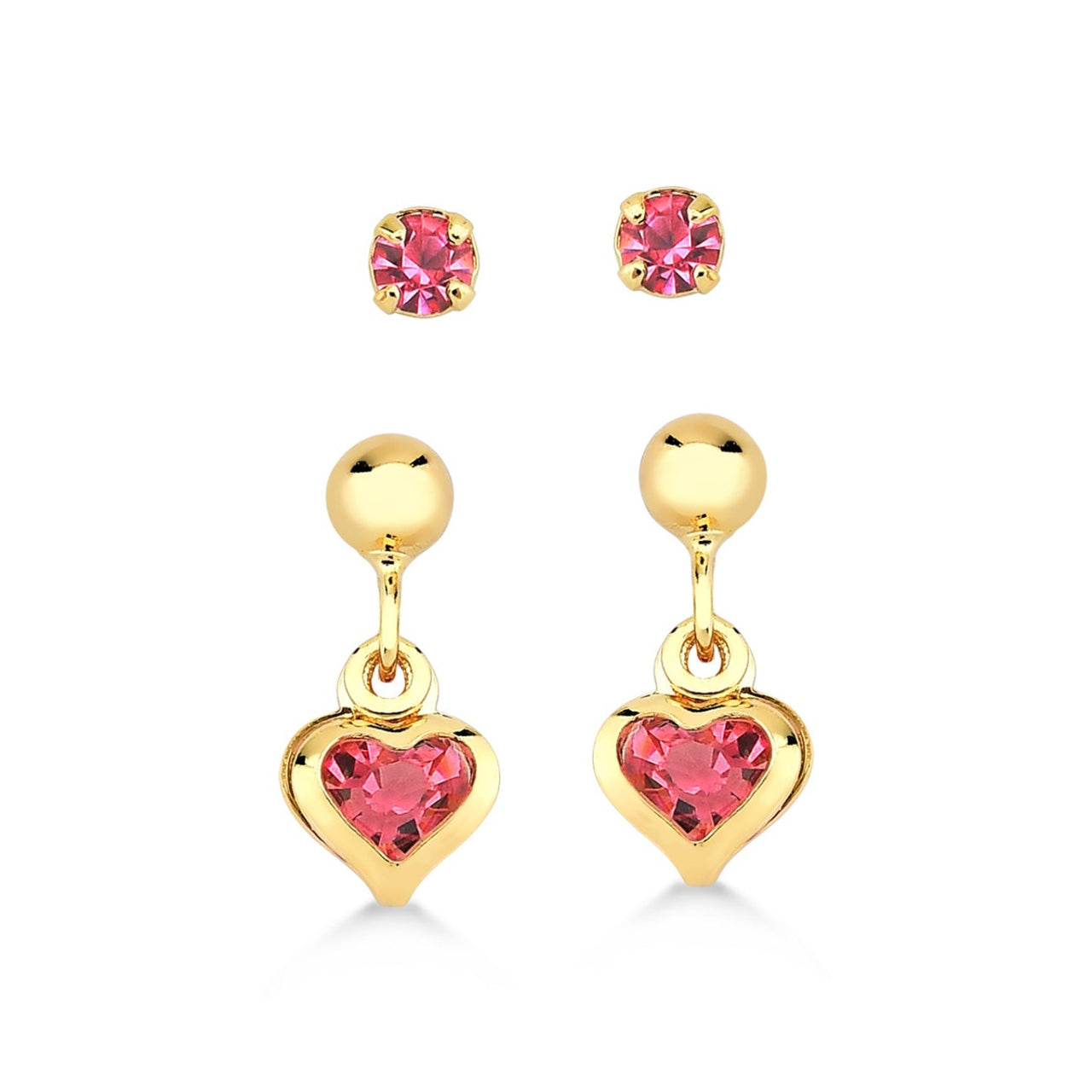 DUPLA BRINCO COM CORAÇÃO DE ZIRCÔNIA ROSA FOLHEADO A OURO 18K