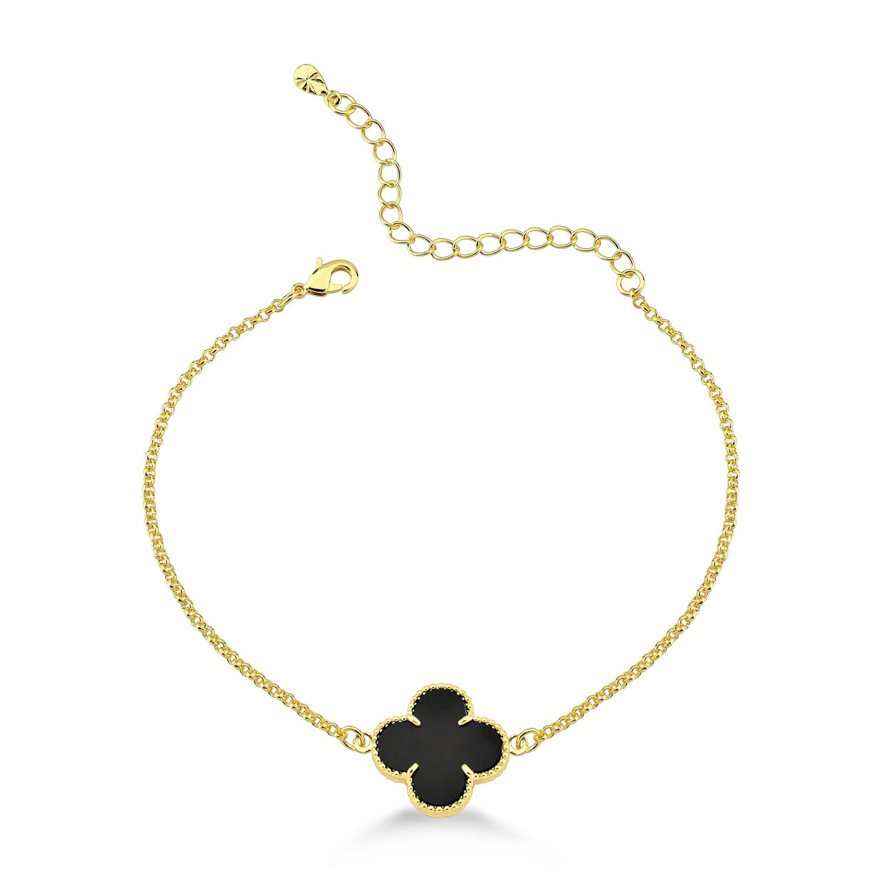 PULSEIRA TREVO ACRÍLICO PRETO FOLHEADO A OURO 18K