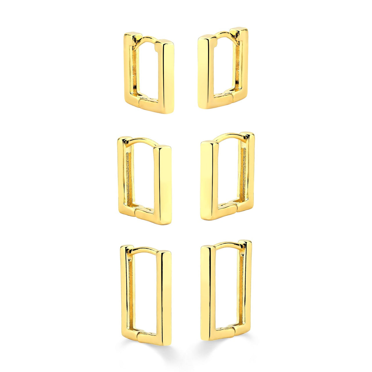 TRIO DE BRINCO DE ARGOLA LISA QUADRADA FOLHEADO A OURO 18K