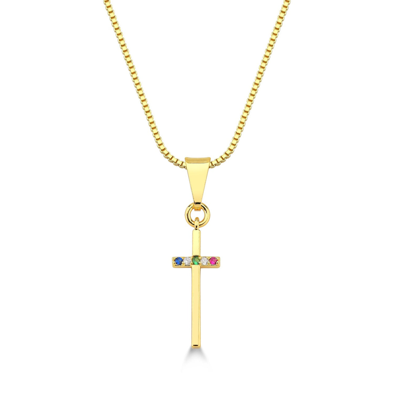 COLAR COM CRUCIFIXO PEQUENO COLORIDO FOLHEADO A OURO 18K