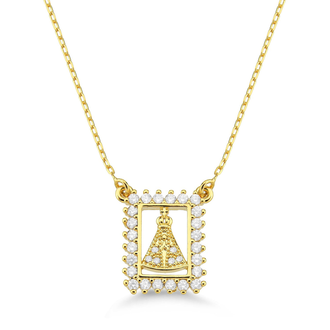 COLAR NOSSA SRA APARECIDA QUADRADA CRAVEJADA DE ZIRCONIAS FOLHEADO A OURO 18K