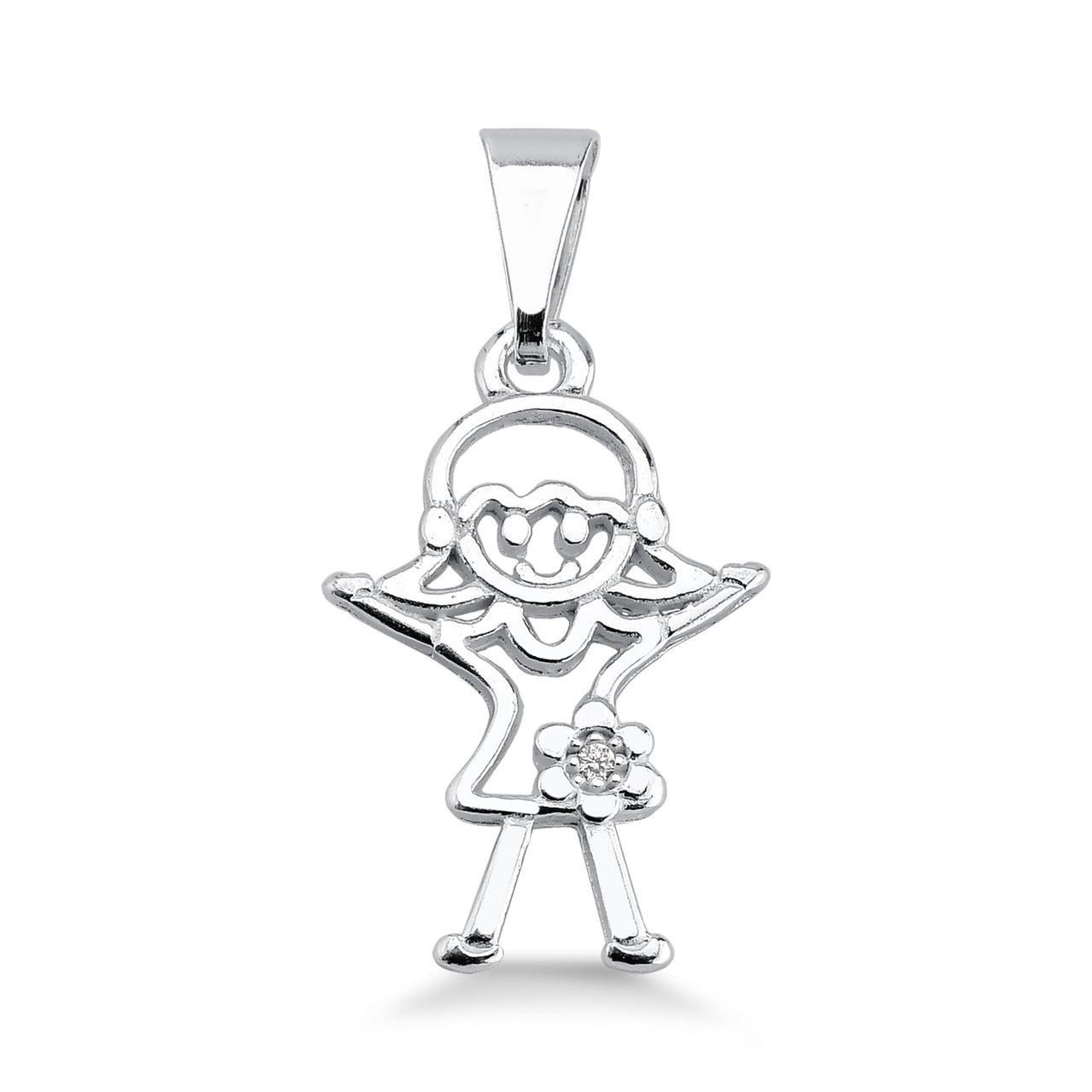 PINGENTE DE PRATA MENINA COM VESTIDO DETALHE FLOR COM ZIRCÔNIA