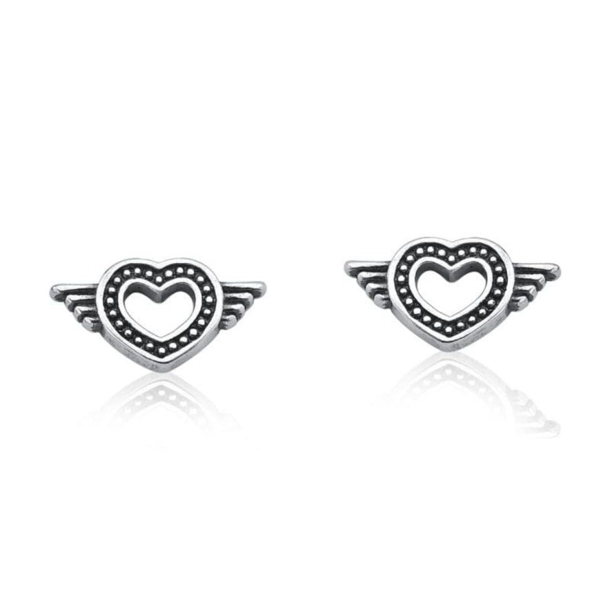BRINCO DE PRATA ENVELHECIDA CORAÇÃO COM ASAS VAZADO