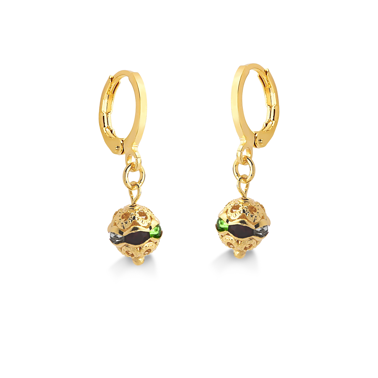 BRINCO DE ARGOLA COM ESFERA COLORIDA GRANDE FOLHEADO A OURO 18K