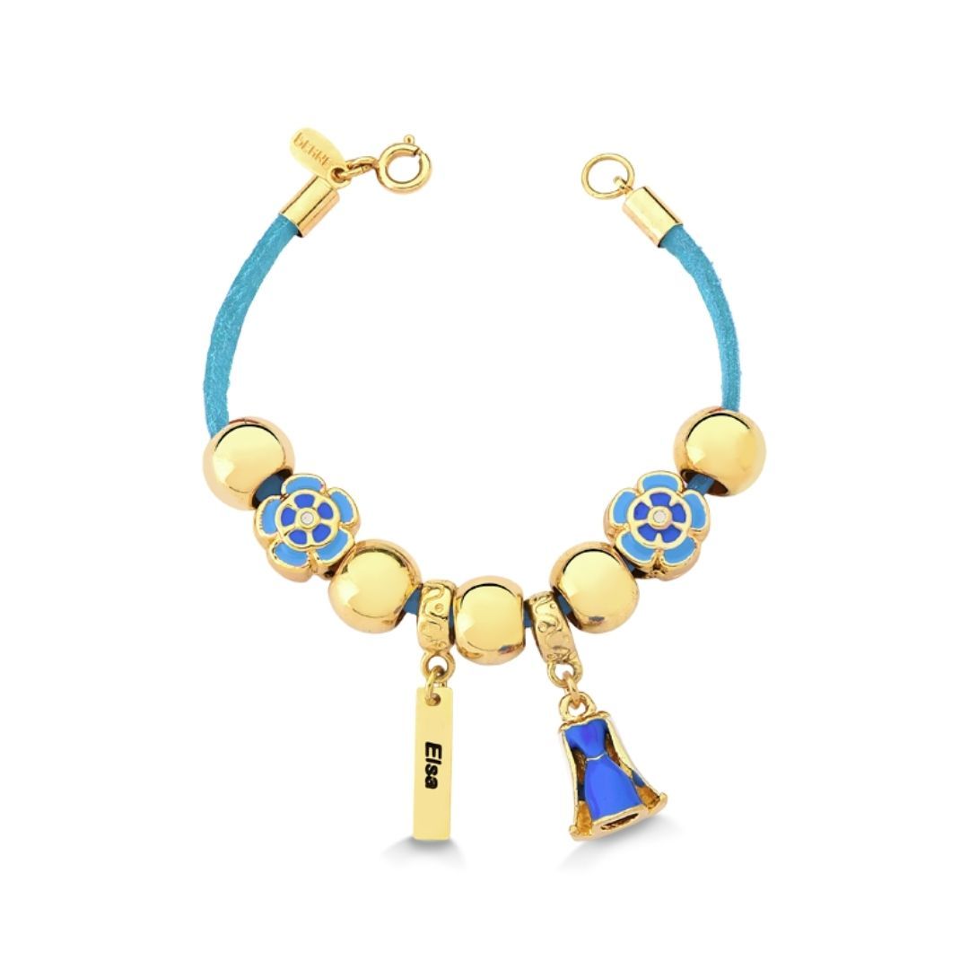 PULSEIRA INFANTIL EM COURO COM PINGENTE DE PRINCESA ELSA RESINADA FOLHEADA A OURO 18K