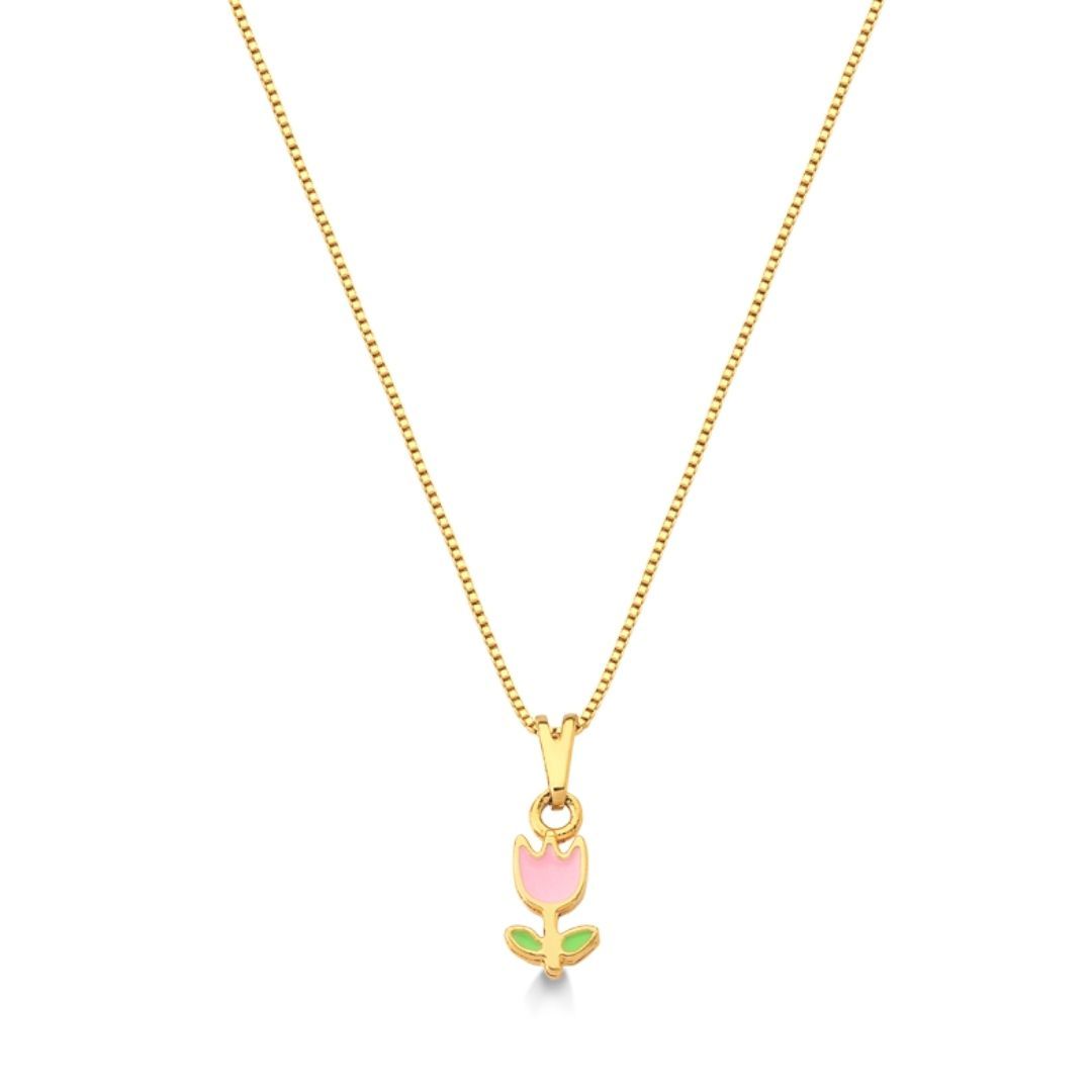 COLAR INFANTIL PINGENTE TULIPA RESINADO FOLHEADO A OURO 18K