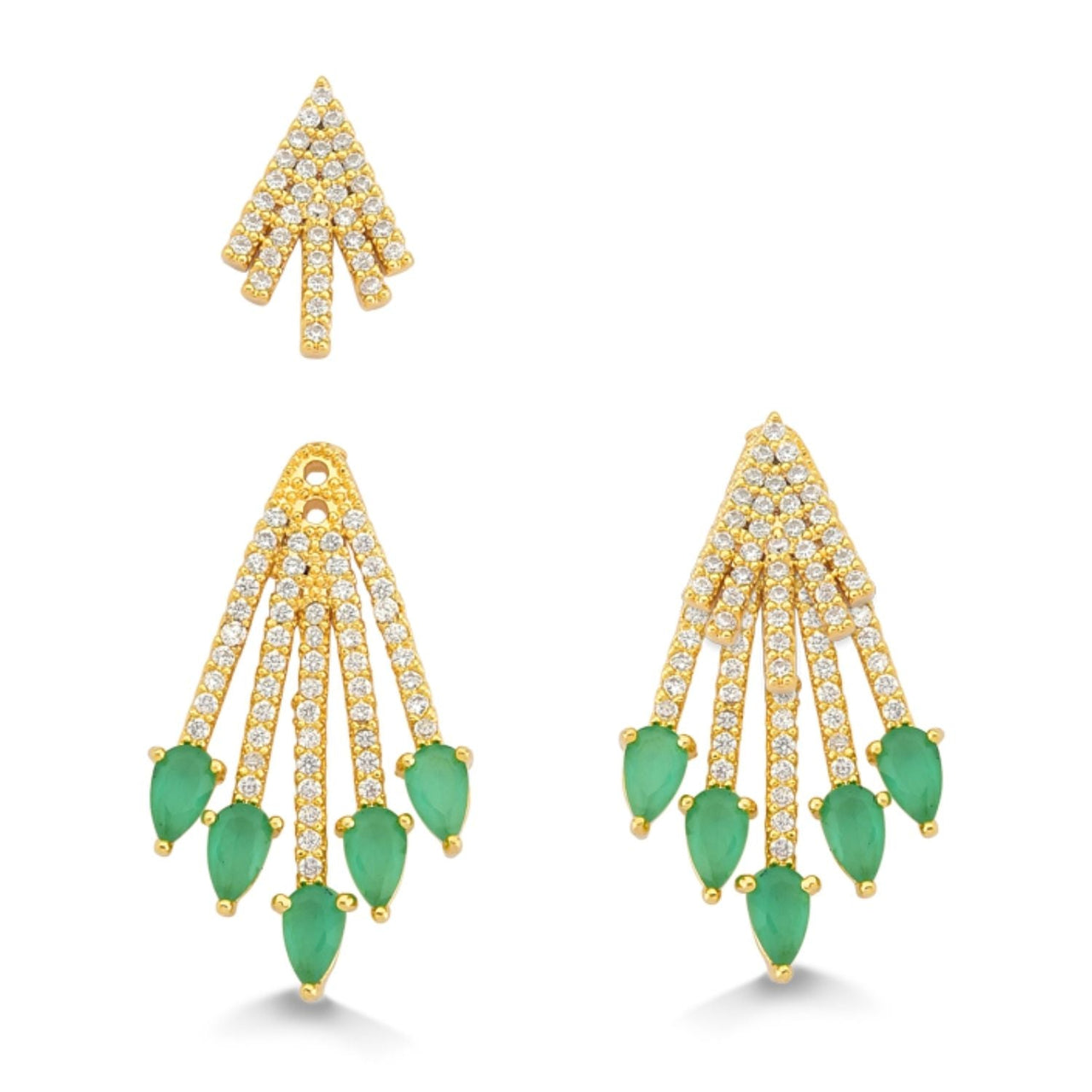 BRINCO EAR JACKET CRAVEJADO DE ZIRCONIA COM PEDRAS VERDES FOLHEADO AOURO 18K