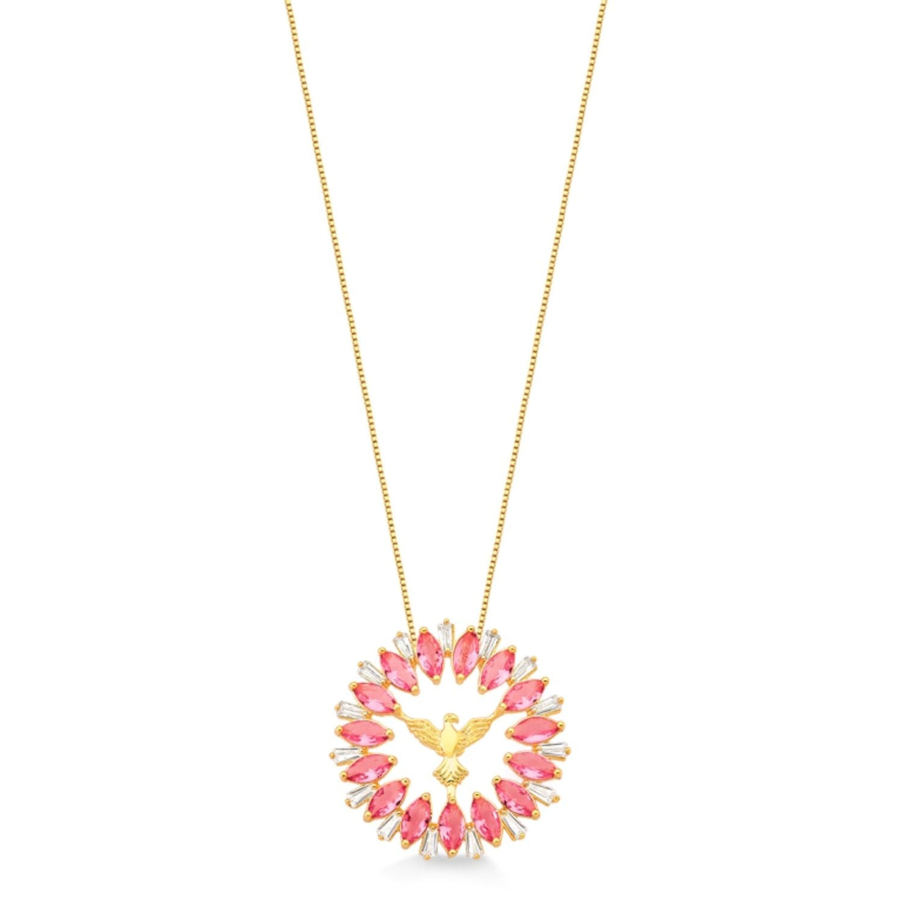 COLAR COM PINGENTE ESPIRITO SANTO ROSA FOLHEADO A OURO 18K