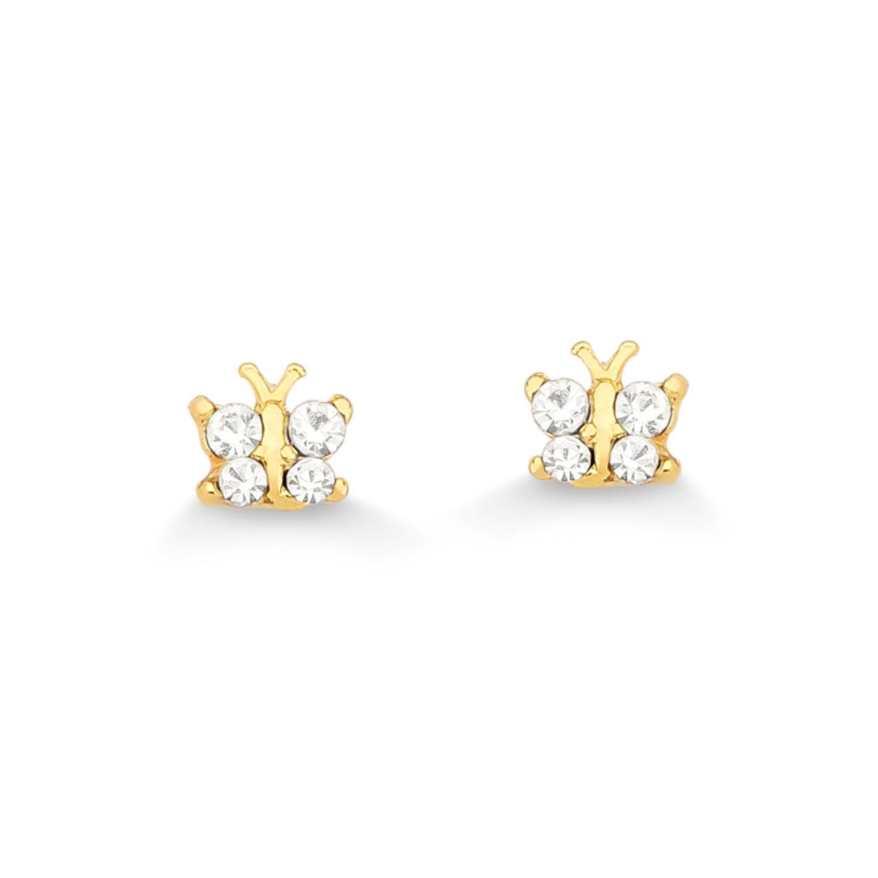 BRINCO MINI BORBOLETA COM QUATRO STRASS CRISTAIS FOLHEADO A OURO 18K