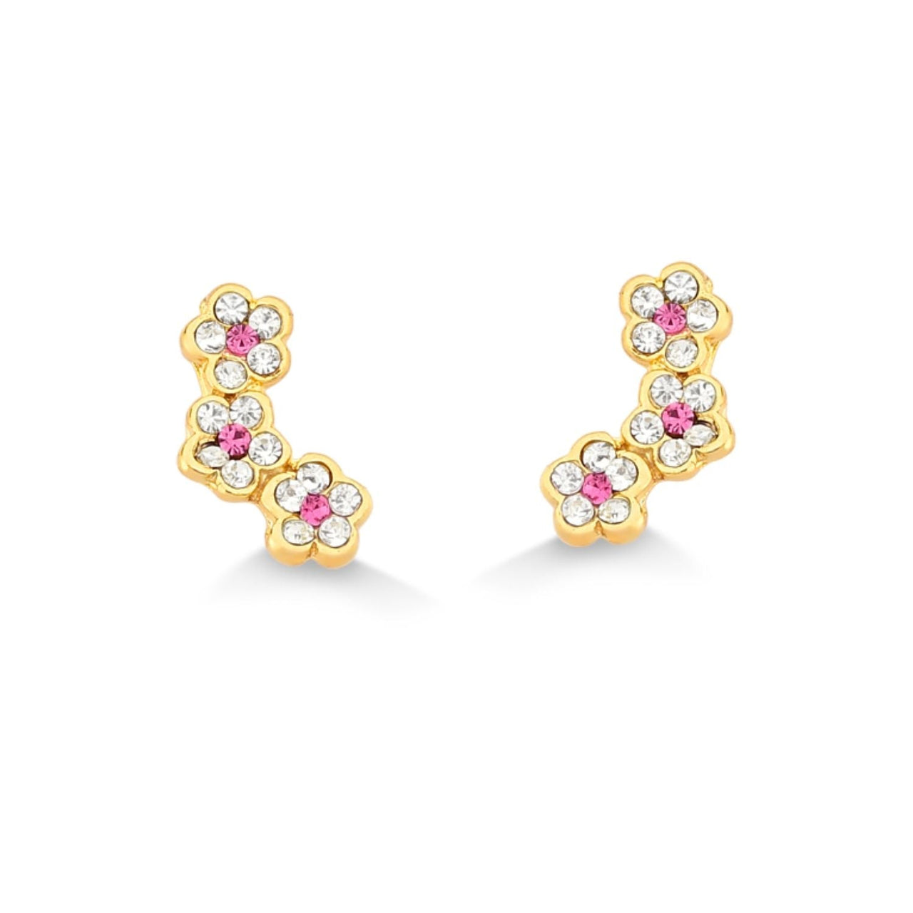 BRINCO MINI TRIO DE FLORES COM STRASS COLORIDAS FOLHEADO A OURO 18K