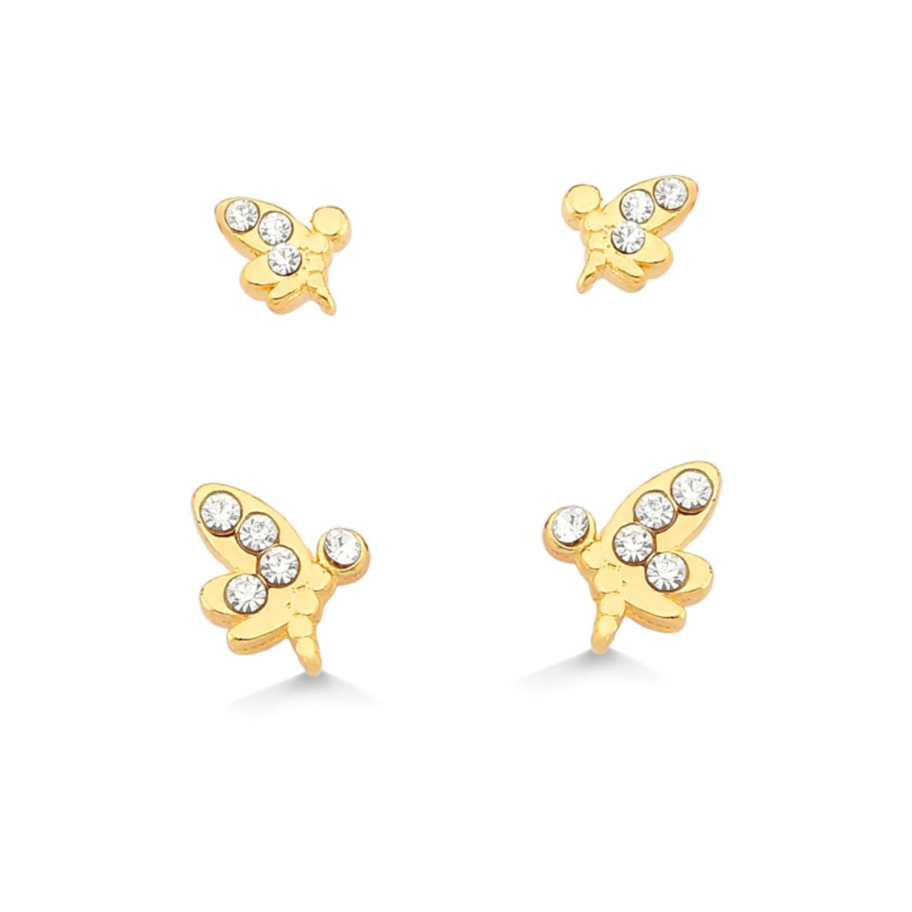 DUPLA DE BRINCO MINI BORBOLETAS DE LADO COM STRASS FOLHEADO A OURO 18K