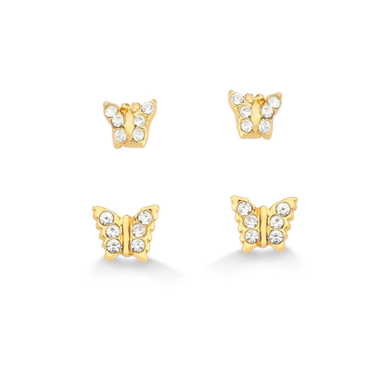 DUPLA DE BRINCO MINI BORBOLETAS COM STRASS FOLHEADO A OURO 18K