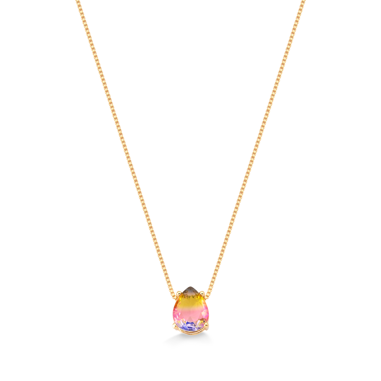 COLAR PEDRA GOTA ROSA E AMARELO FOLHEADO A OURO 18K