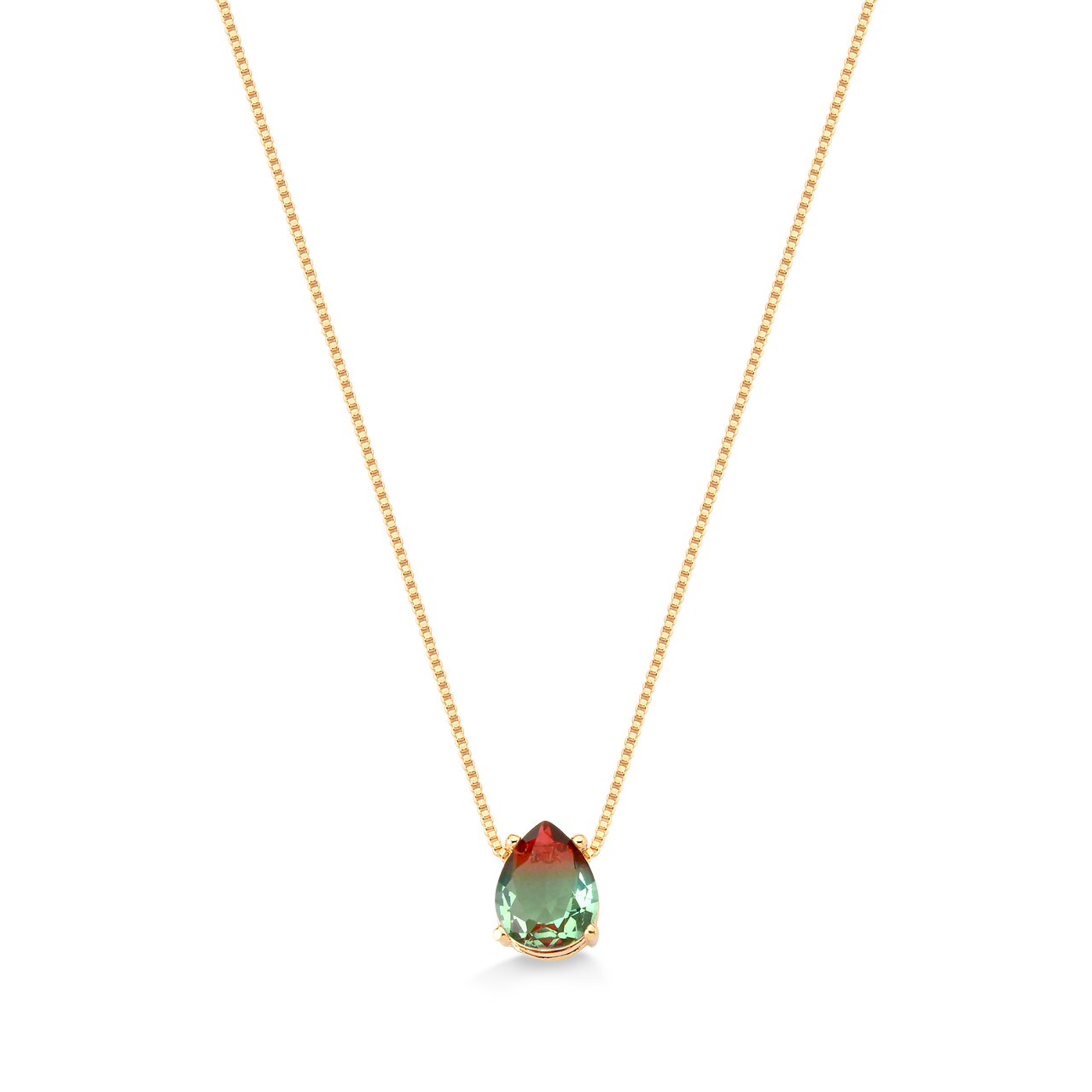 COLAR PEDRA GOTA VERMELHO E VERDE FOLHEADO A OURO 18K