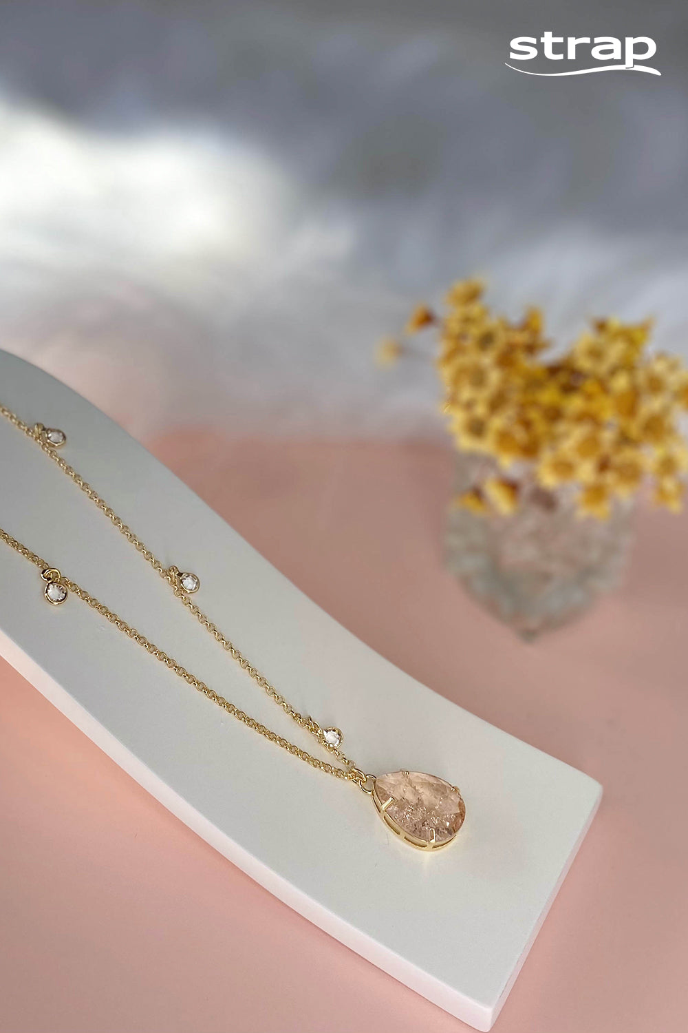 COLAR PEDRA CITRINO FUSION 70CM FOLHEADO A OURO 18K