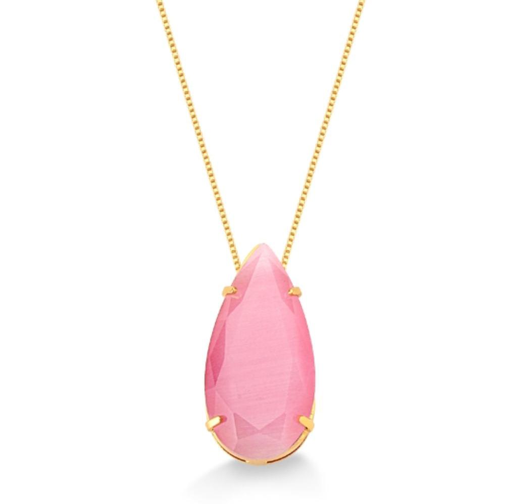COLAR PEDRA ROSA ACETINADA FOLHEADO A OURO 18K