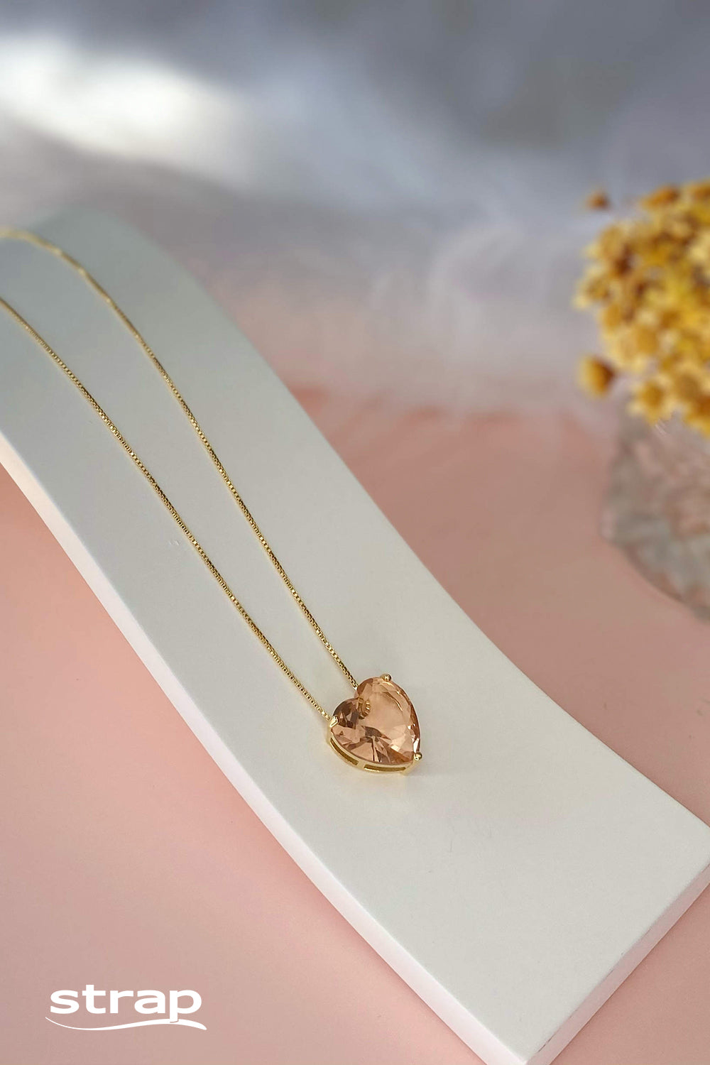 COLAR CORAÇÃO CITRINO 40CM FOLHEADO A OURO 18K