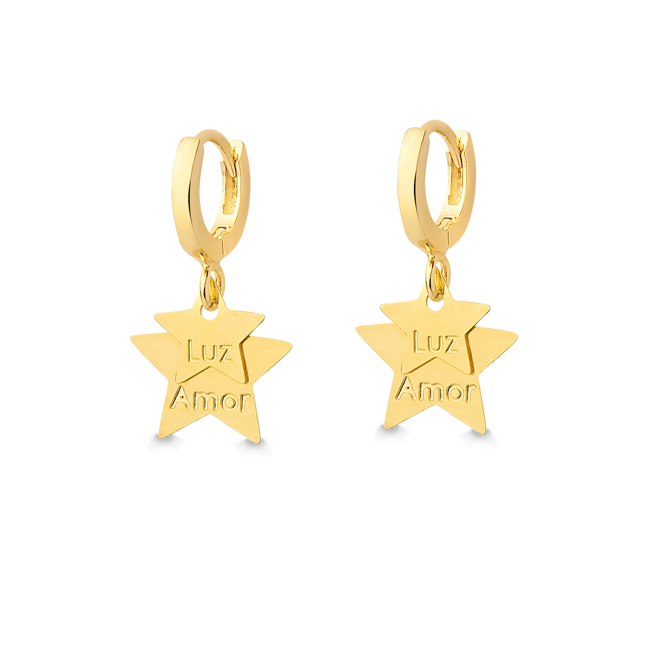BRINCO DE ARGOLA COM ESTRELAS LUZ E AMOR FOLHEADO A OURO 18K