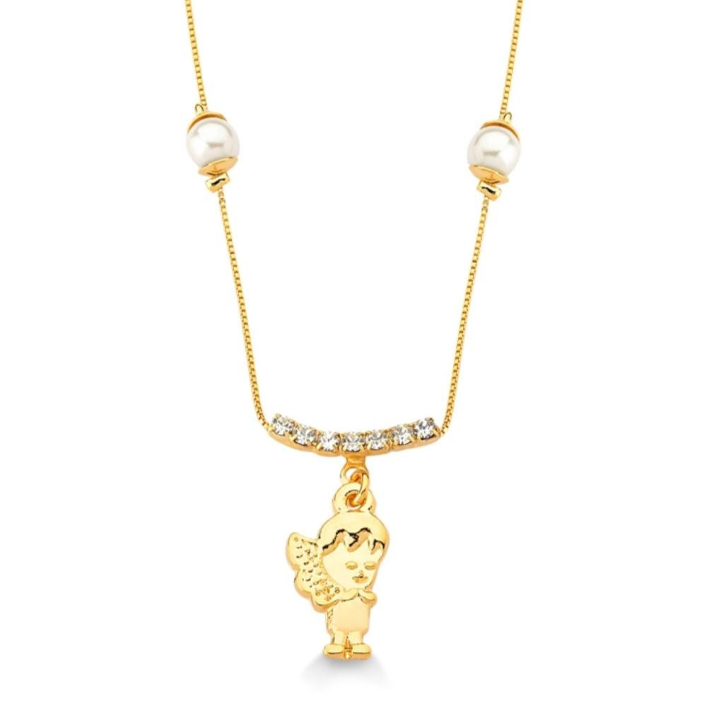 COLAR ANJO E PEROLAS FOLHEADO A OURO 18K