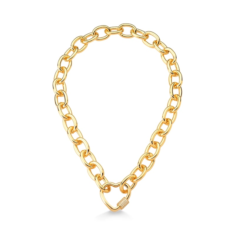 COLAR COM ELOS LARGOS E FECHO DE CORAÇÃO COM TRAVA DE ROSCA CRAVEJADA DE ZIRCÔNIAS FOLHEADO A OURO 18K