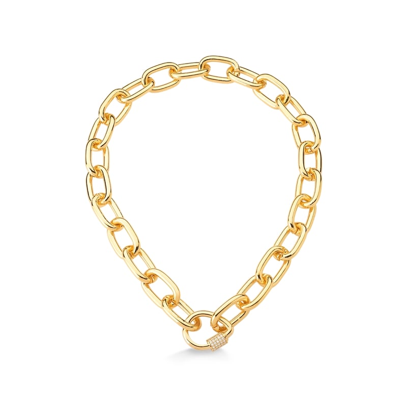 COLAR COM ELOS LARGOS E FECHO GOTA COM TRAVA DE ROSCA CRAVEJADA DE ZIRCÔNIAS FOLHEADO A OURO 18K