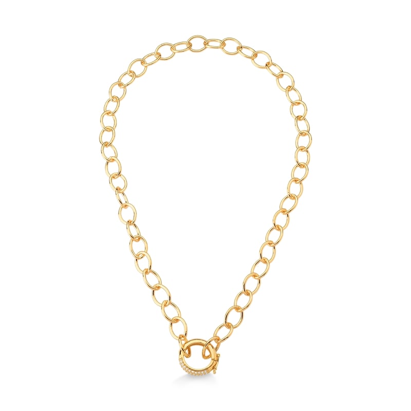 COLAR DE ELOS FINOS COM FECHO REDONDO MÉDIO CRAVEJADO DE ZIRCÔNIAS FOLHEADO A OURO 18K