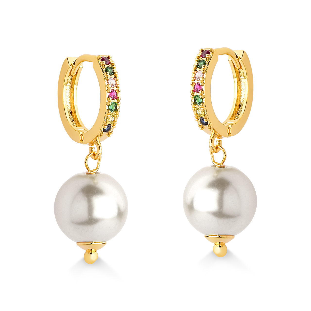 BRINCO DE ARGOLA CRAVEJADA COM ZIRCONIAS COLORIDAS E PEROLA FOLHEADO A OURO 18K