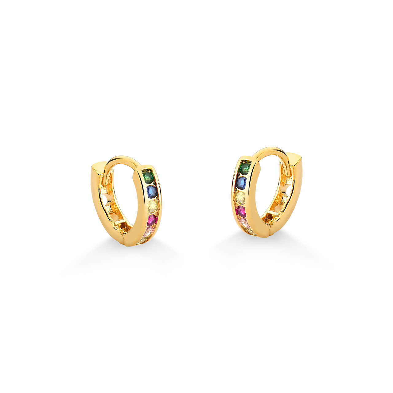 BRINCO DE ARGOLA PEQUENA CRAVEJADA COM ZIRCONIA COLORIDA FOLHEADA A OURO 18K