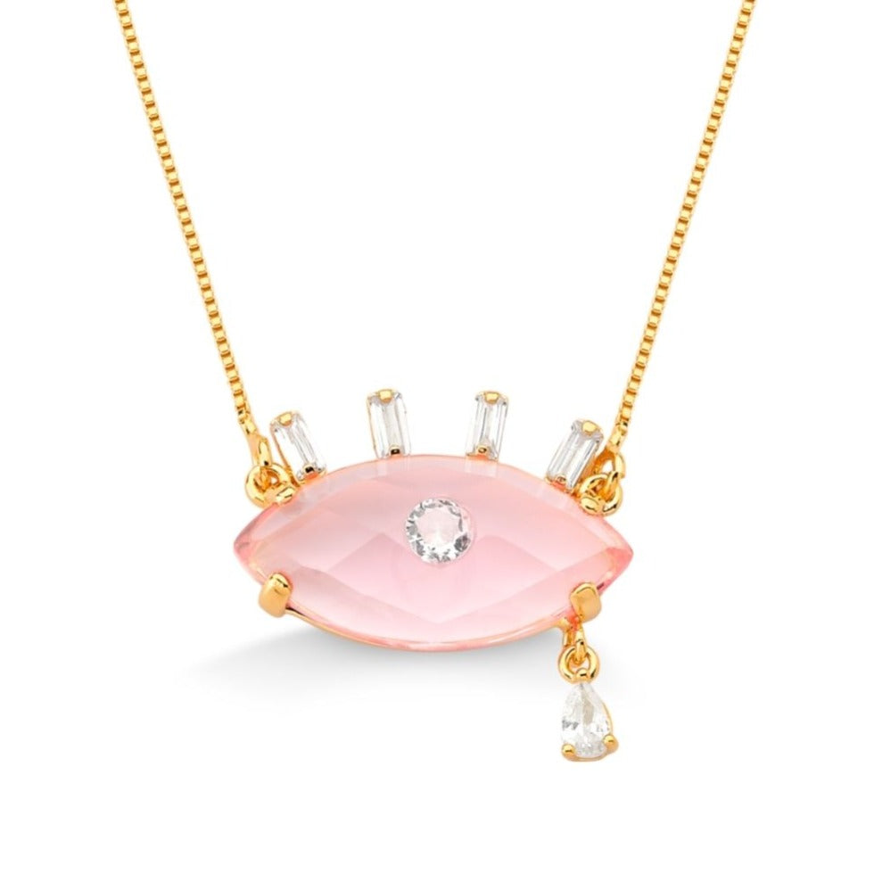 COLAR PEDRA ROSA E LAGRIMA COM ZIRCONIA FOLHEADO A OURO 18K