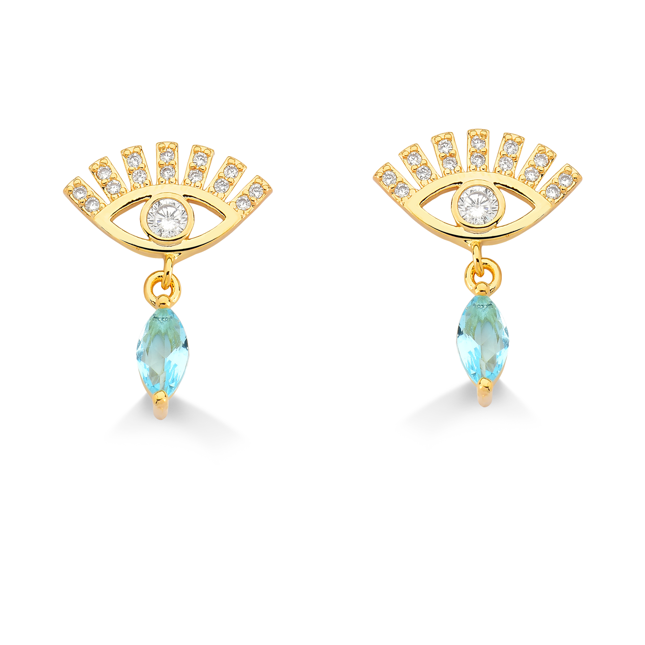 BRINCO OLHO COM ZIRCONIA E LAGRIMA DE PEDRA AZUL FOLHEADO A OURO 18K