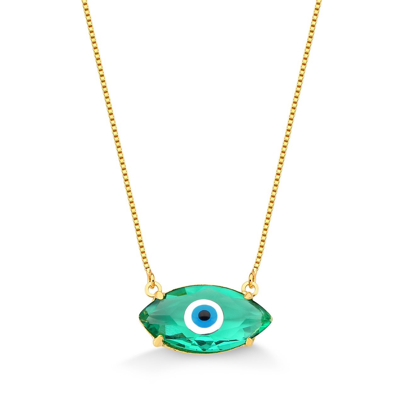 COLAR PEDRA VERDE COM OLHO GREGO FOLHEADO A OURO 18K