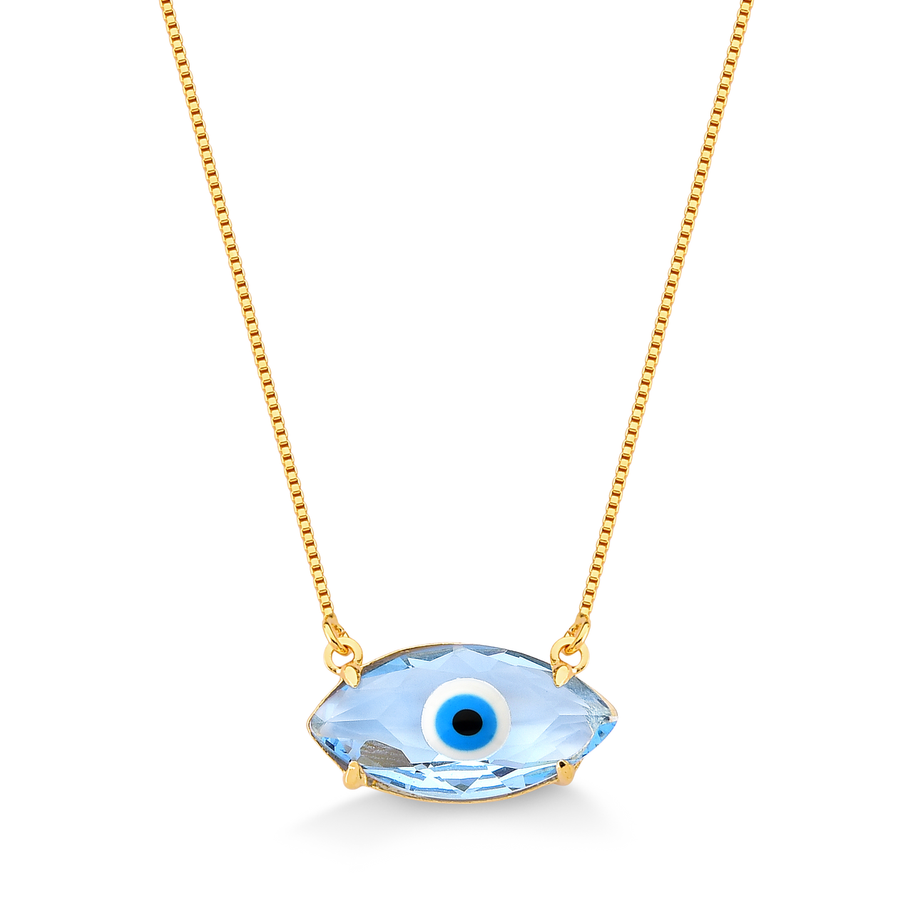 COLAR PEDRA AZUL COM OLHO GREGO FOLHEADO A OURO 18K