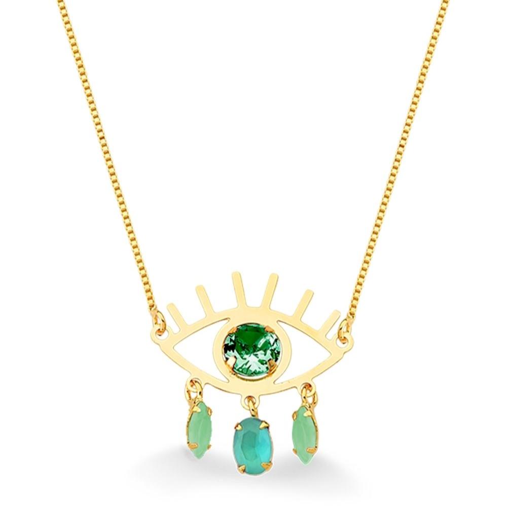 COLAR OLHO GREGO PEDRAS VERDES FOLHEADO A OURO 18K