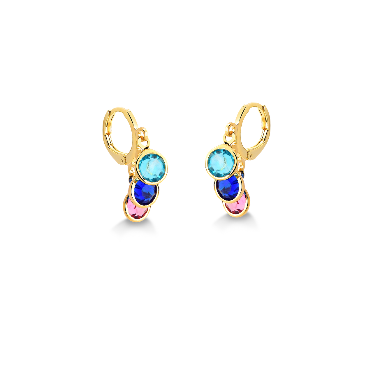 BRINCO ARGOLA COM TRES CRISTAIS COLORIDOS FOLHEADO A OURO 18K