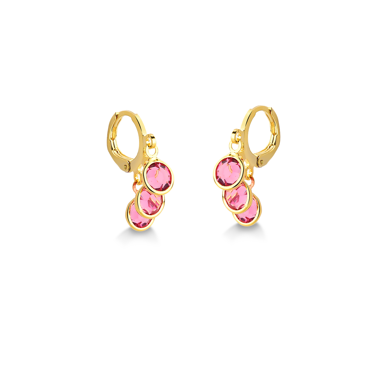 BRINCO ARGOLA COM TRES CRISTAIS ROSA FOLHEADO A OURO 18K