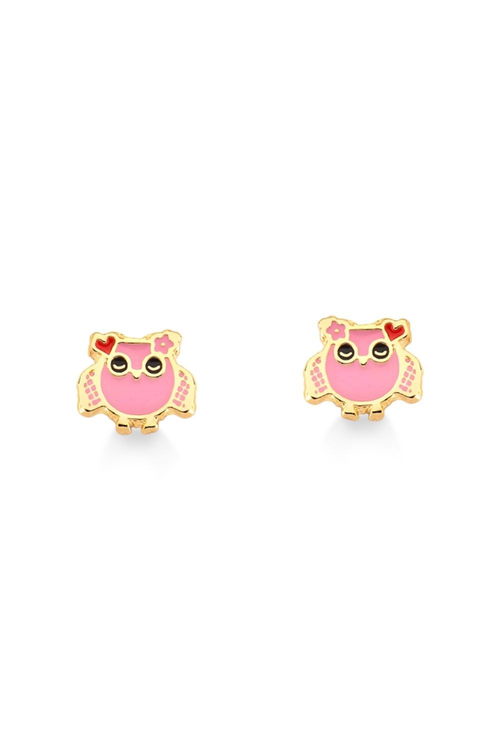 BRINCO MINI CORUJA ROSA FOLHEADA A OURO 18K