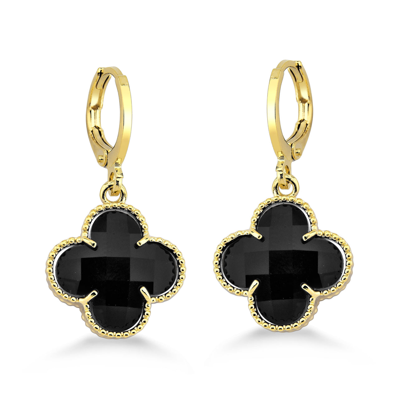 BRINCO TREVO ACRÍLICO PRETO FOLHEADO A OURO 18K