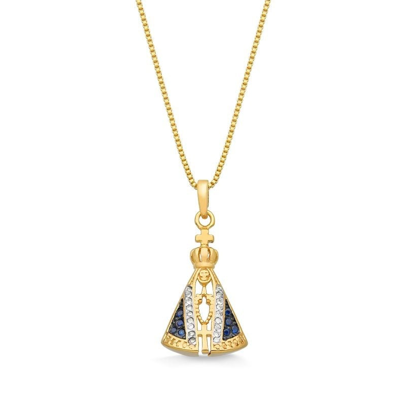 COLAR NOSSA SENHORA APARECIDA CRAVEJADA DE ZIRCÔNIA AZUL FOLHEADA A OURO 18K