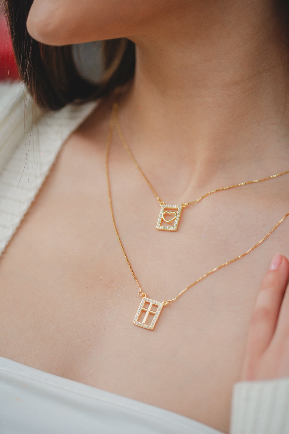 ESCAPULÁRIO DUPLO CRUZ E CORAÇÃO FOLHEADO A OURO 18K