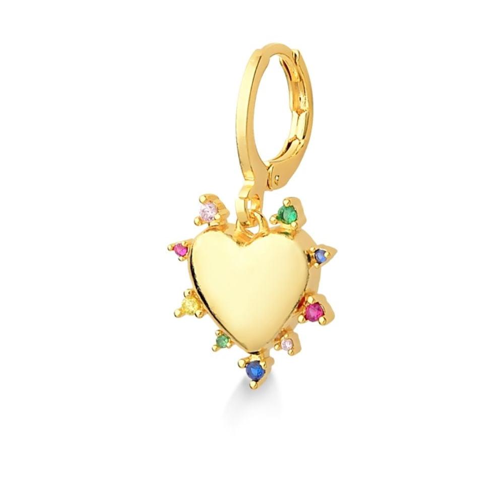 PINGENTE DE ARGOLA COM CORAÇÃO E ZIRCÔNIAS COLORIDAS FOLHEADO A OURO 18K