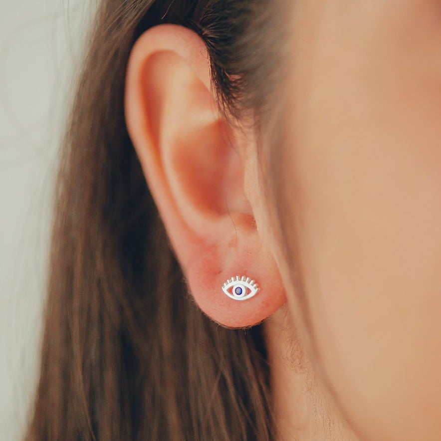 BRINCO DE PRATA OLHO GREGO COM ZIRCONIA AZUL