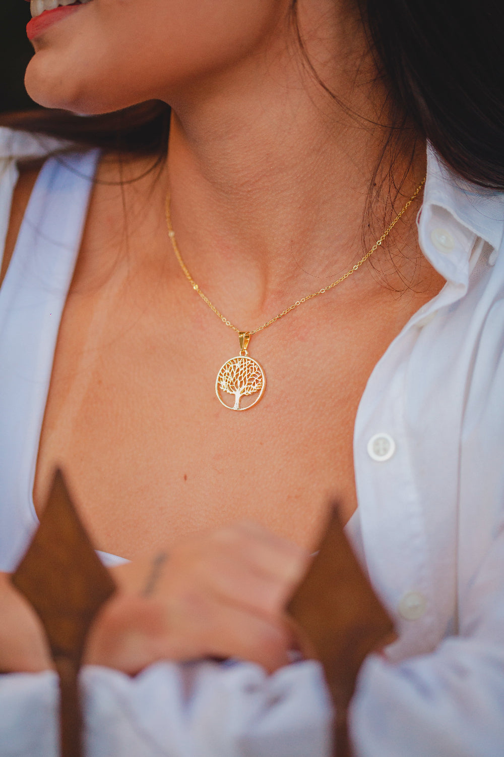 COLAR ÁRVORE DA VIDA LISA FOLHEADO A OURO 18K