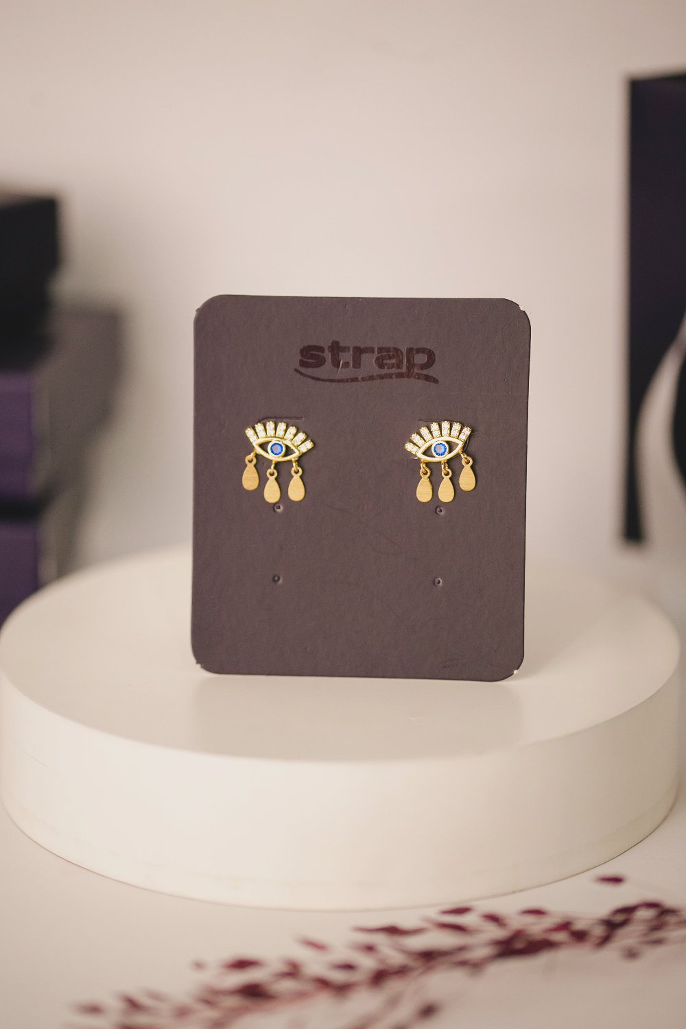 BRINCO OLHO DE ZIRCONIA AZUL E LAGRIMAS FOLHEADO A OURO 18K