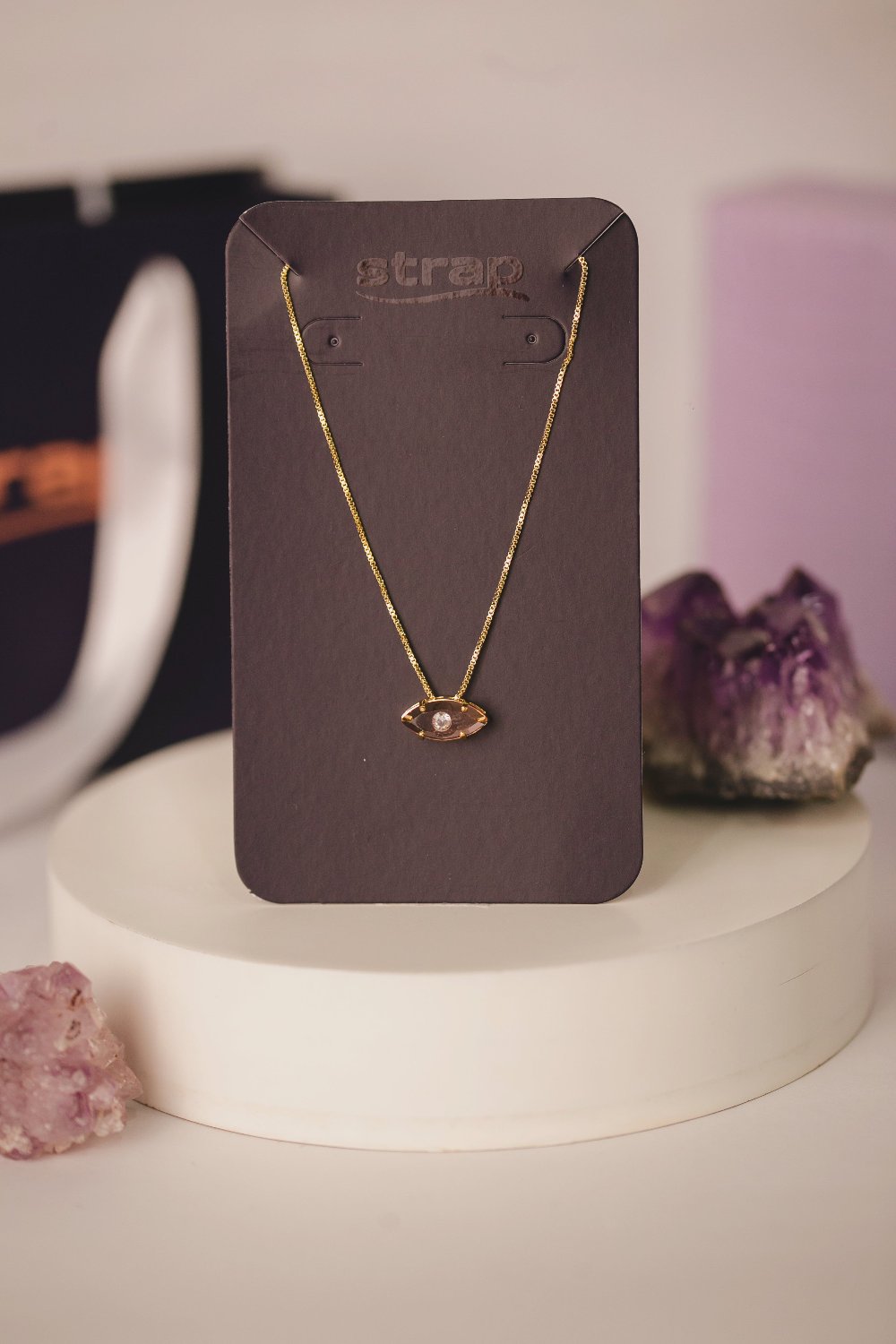 COLAR PEDRA ROSA COM OLHO GREGO FOLHEADO A OURO 18K