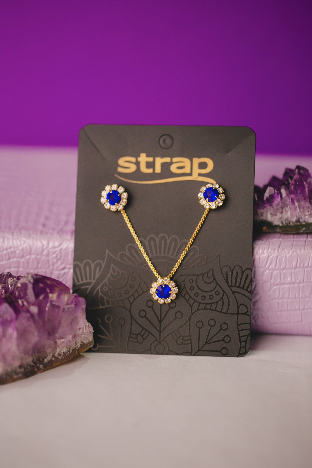 CONJUNTO BRINCO E COLAR PEDRA AZUL FOLHEADO A OURO 18K