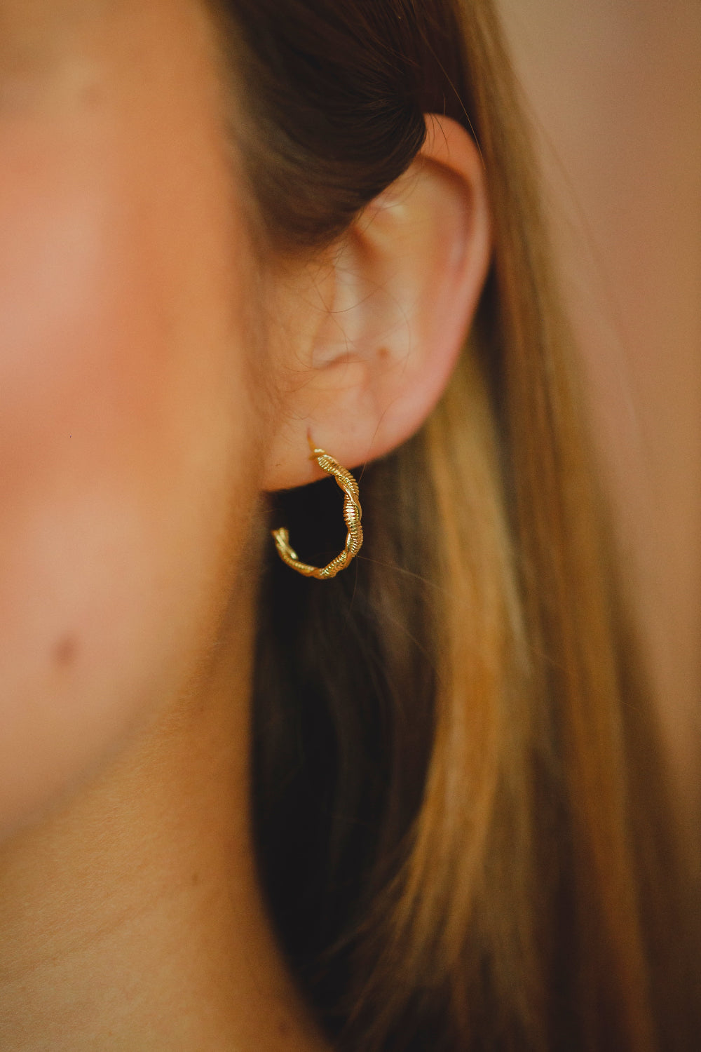 BRINCO ARGOLA TORCIDA DETALHADA FOLHEADO A OURO 18K